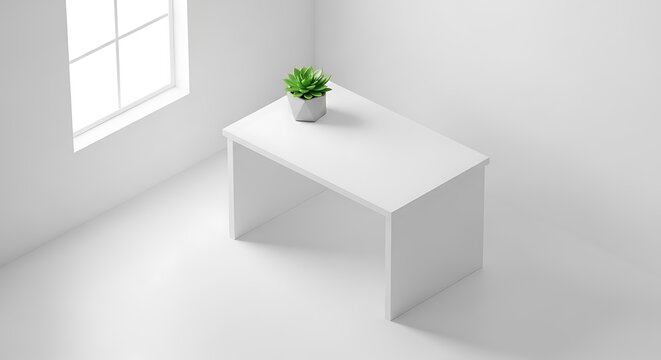 Minimalist White Desk with Plant in Bright Room. AI Generated
