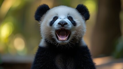 Fototapeta premium A joyful panda laughing with eyes closed in a vibrant heartwarming portrait