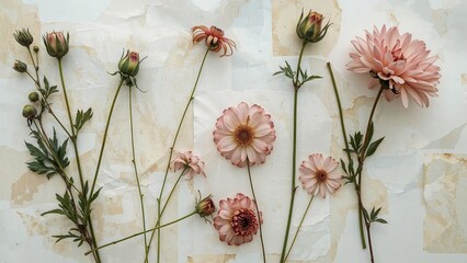 The theme of time's passage illustrated with withered petals on antique papers
