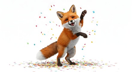 Joyful Fox Celebrating with Confetti on White Background