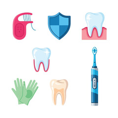 Dental care tools and hygiene items, including floss, shield, toothbrush, and gloves.