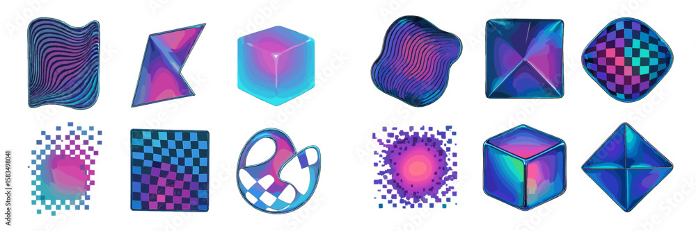 Poster colorful geometric shapes with gradient effects displayed on a white background showcasing different