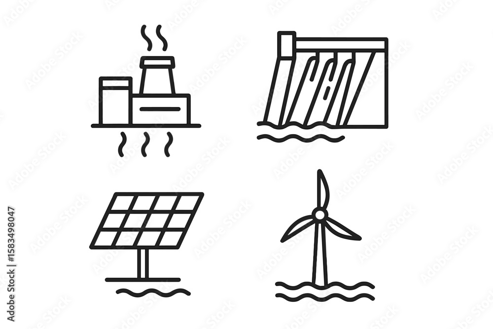 Poster renewable energy sources and traditional power generation methods displayed in a clear layout