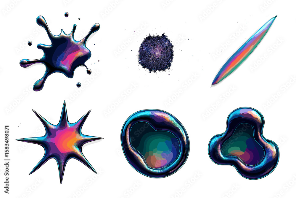 Poster bright and colorful liquid shapes with iridescent patterns on a white background