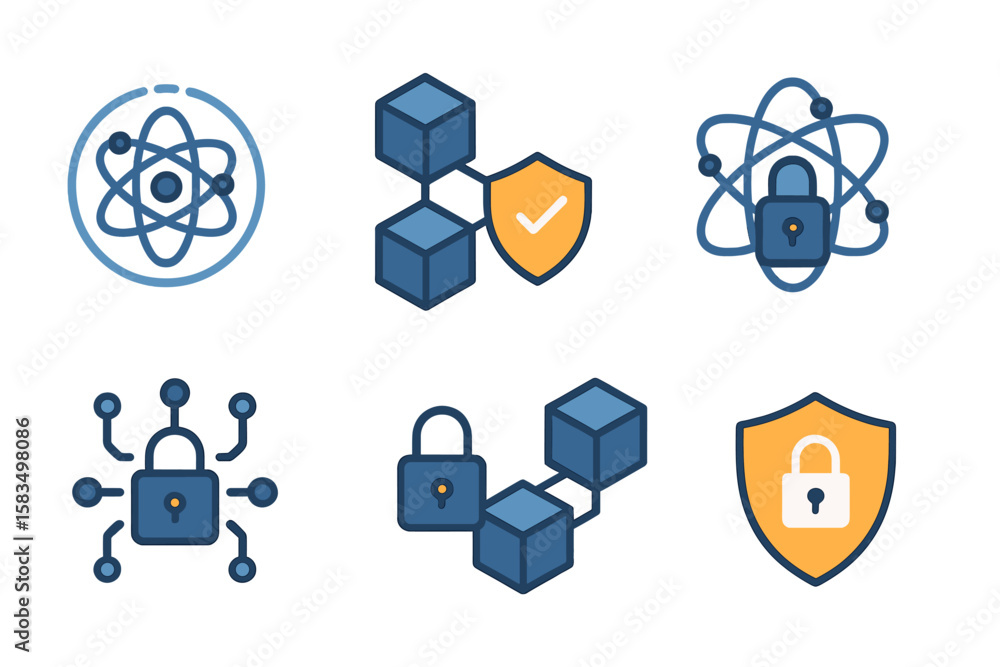 Poster modern technology icons representing data security and blockchain concepts in a clean, minimalist de