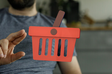 Image of a person interacting with a digital shopping cart, perfect for e-commerce and online...