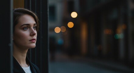 Fototapeta premium Contemplative Young Woman with Short Hair Standing Near Building in Urban Night Scene