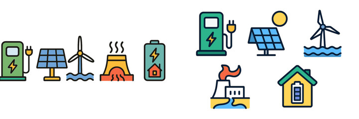 Energy sources illustrated with renewable and non-renewable options, showcasing solar, wind, and fossil fuels in a clear graphic style