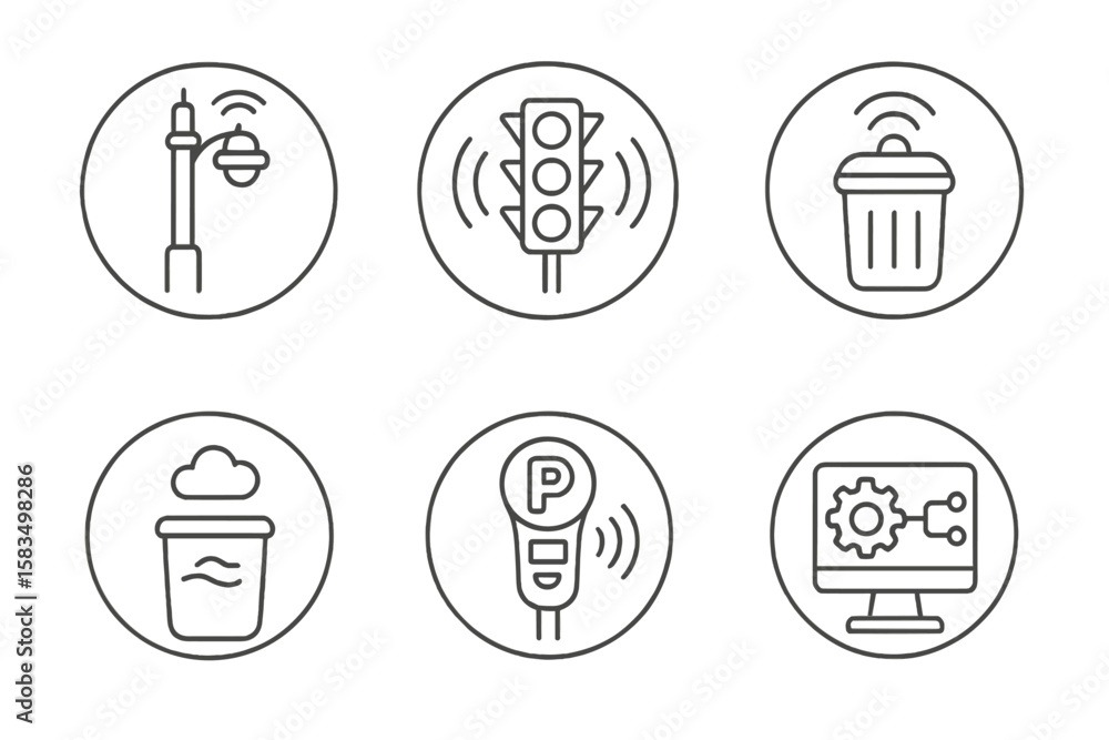 Poster smart city icons representing modern urban infrastructure and technology connected to the internet a