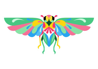 Colorful insect illustration featuring vibrant pink, green, and blue shades