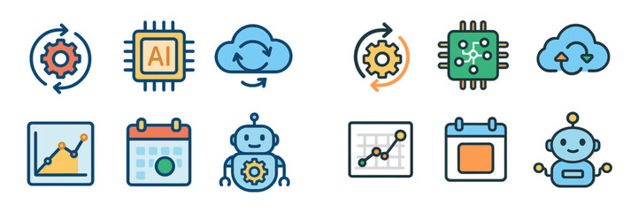 Visual representation of artificial intelligence concepts including gears, cloud computing, and data analysis tools