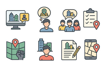 Visual representation of urban planning concepts with icons depicting community engagement and data analysis for city development