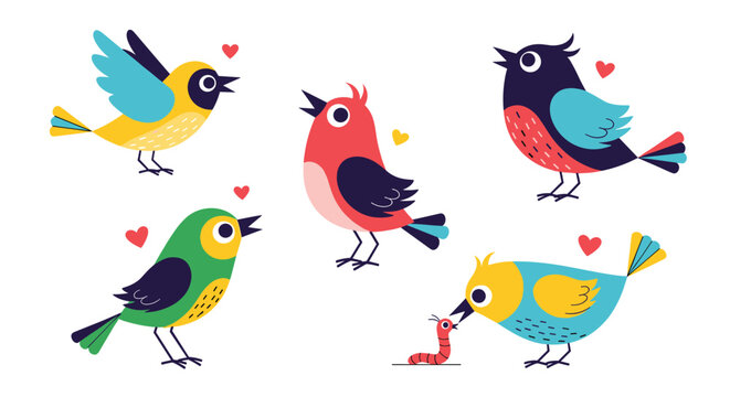 Adorable colorful birds singing and eating worms in a heart filled spring day