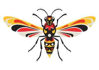 Colorful bee illustration featuring red, black, and yellow patterns 