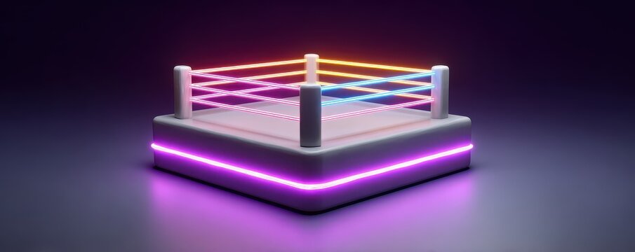 A futuristic wrestling ring illuminated by neon lights in a dark space, featuring glowing ropes and vibrant colors. - Powered by Adobe