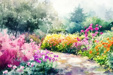 Obraz premium A vibrant garden blooms with colorful flowers in a serene, sunlit landscape during springtime
