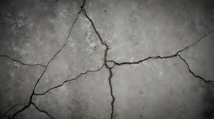 Obraz premium Dark grunge background of a weathered concrete wall with deep cracks. Abstract gray stone texture showing surface damage and fractures.