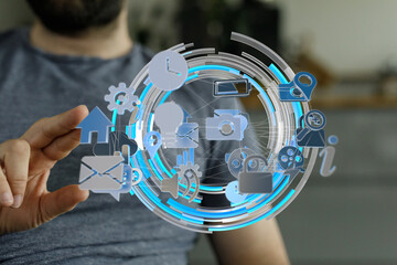 Person using futuristic interface,digital icons, network, technology, innovation, connection, data,...