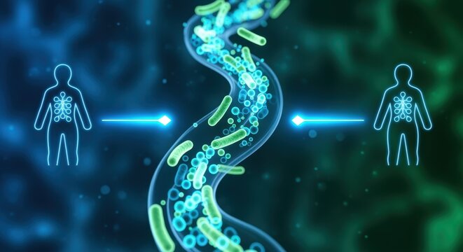 Hightech graphic of microbiome therapy showing illuminated bacteria traveling in a fluid stream between two stylized body icons.