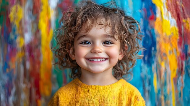 Joyful child with curly hair showcasing vibrant creativity and confidence
