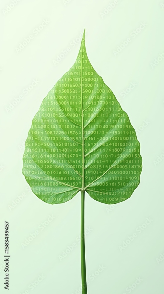 Poster surreal concept of binary numbers morphing into plant life, ideal for presentations on sustainable i