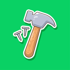 Handyman hammer and nails repair tool equipment icon, mascot, sticker illustration cartoon vector