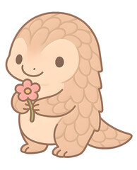 Adorable cartoon pangolin holding a pink flower with a gentle smile. Perfect for love, kindness, or nature-themed designs.
