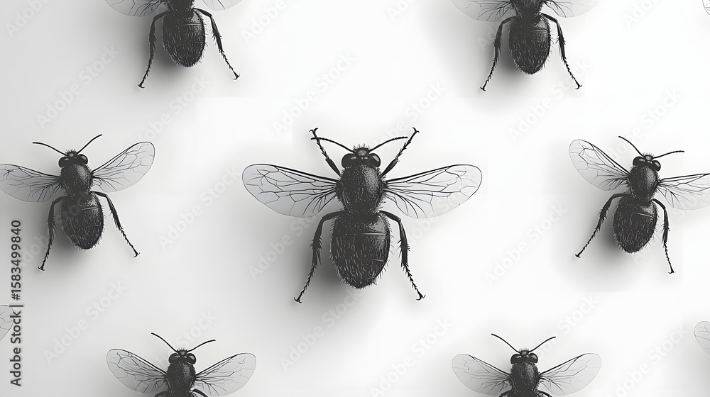 Poster minimalist wasp pattern in monochrome on a stark white background