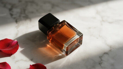 An elegant amber-colored perfume bottle on a marble stone with light from a window in the background. Suitable for perfume advertisement or mockup.