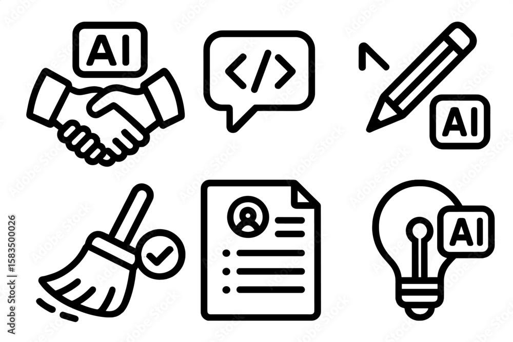 Poster illustration of artificial intelligence concepts including collaboration, coding, creativity, task m
