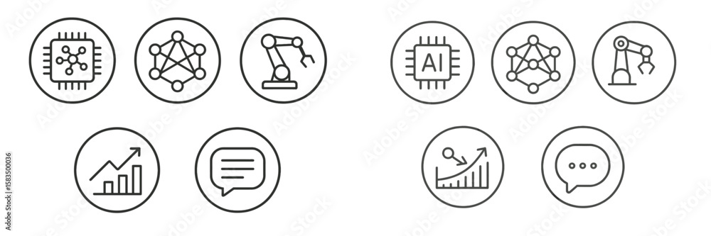 Poster exploring technology and innovation through simple line icons depicting ai, robotics, and data analy