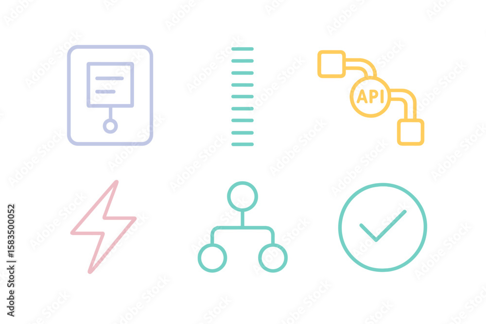 Poster illustration of technology and data concepts with outlines for api, validation, and system flow in p