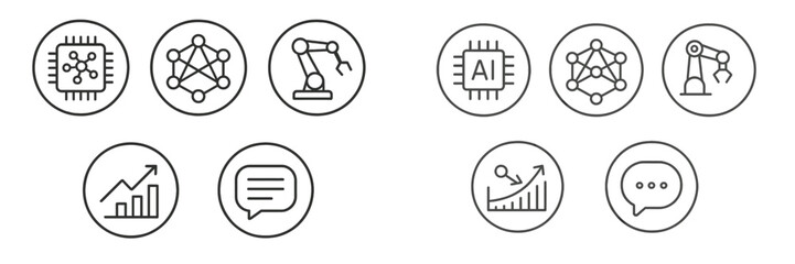 Exploring technology and innovation through simple line icons depicting AI, robotics, and data analysis concepts