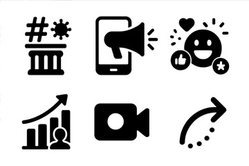 Icons representing social media engagement and growth trends in a digital communication environment