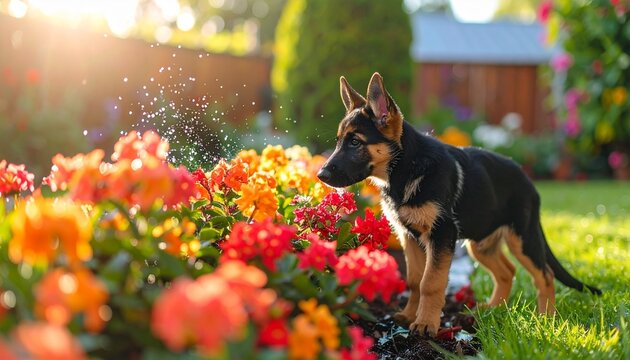 German shepherd puppy exploring garden with wet nose touching colorful flower petals during morning dew collection - Powered by Adobe