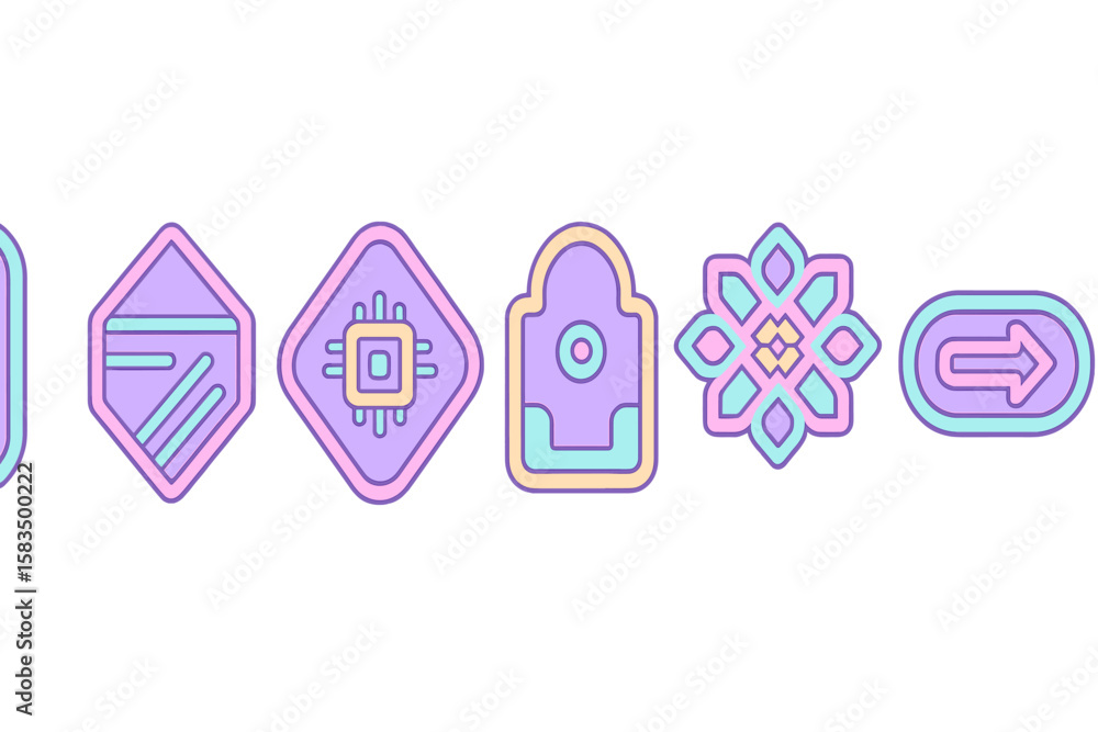 Poster colorful geometric shapes arranged in a linear pattern showcasing modern design elements for creativ