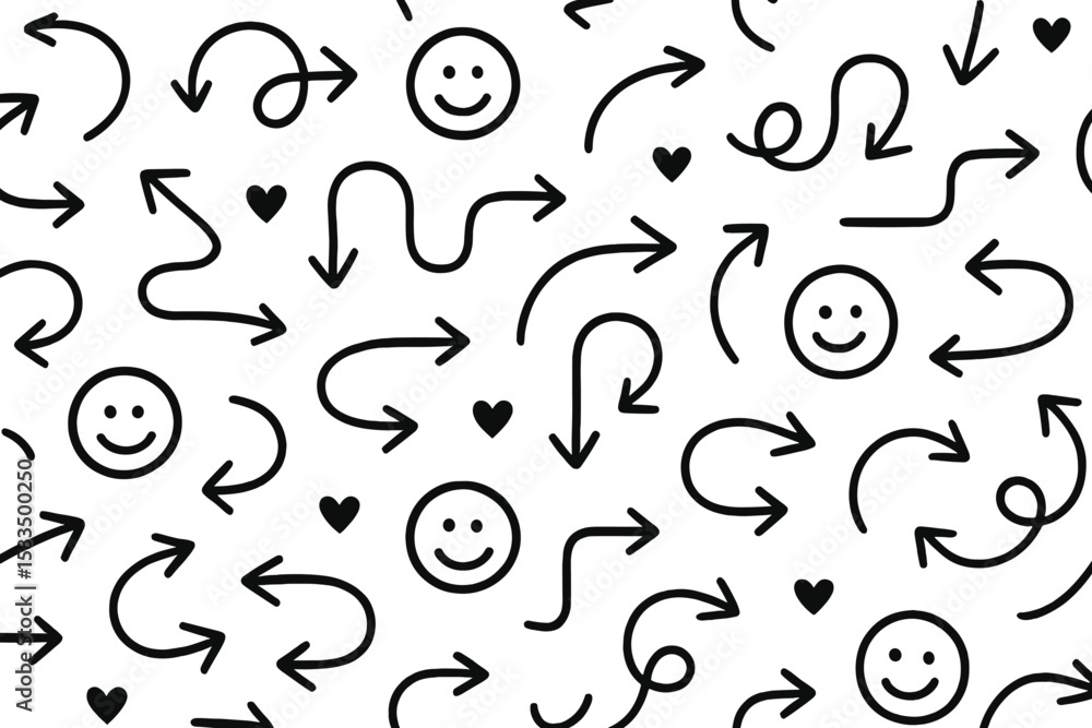 Poster decorative pattern with smiling faces and arrows on a white background for modern designs