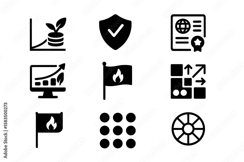 Poster collection of icons representing growth, security, and progress in a digital context with a modern d