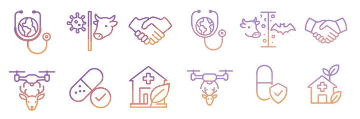Icons representing One Health approach to global health and disease management in agriculture and wildlife