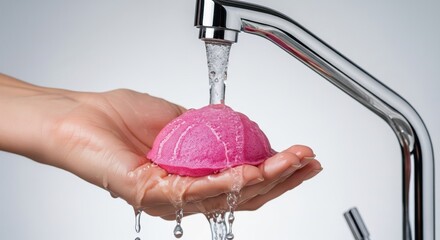Hand holding pink bath bomb under running water from faucet