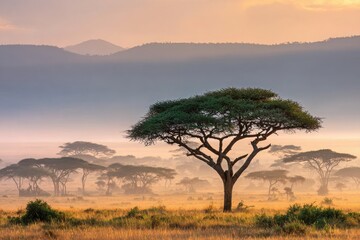 Obraz premium Majestic acacia tree stands alone in golden grassland at sunrise, with misty mountains beyond