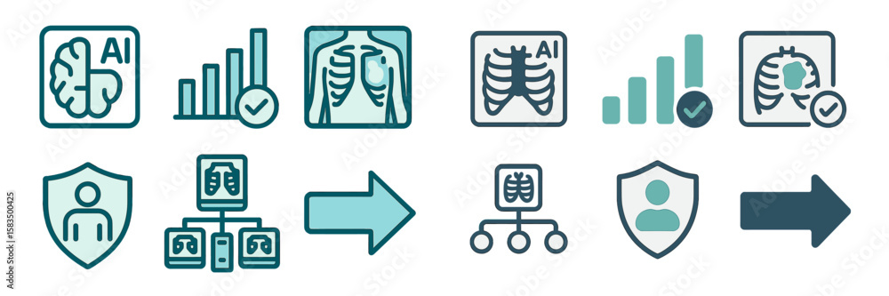 Aufkleber icons representing artificial intelligence applications in healthcare and data analysis related to m