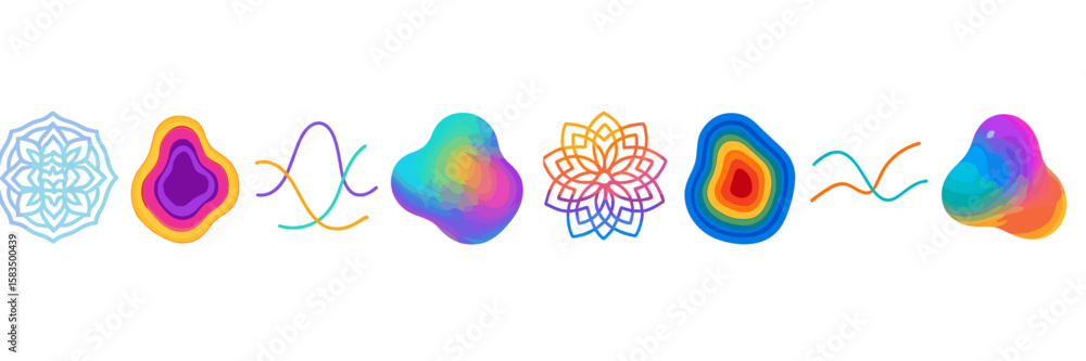 Poster colorful abstract designs showcasing fluid shapes and patterns in vibrant hues with a harmonious arr