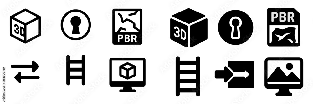 Poster collection of 3d design and rendering icons illustrating various concepts related to digital modelin