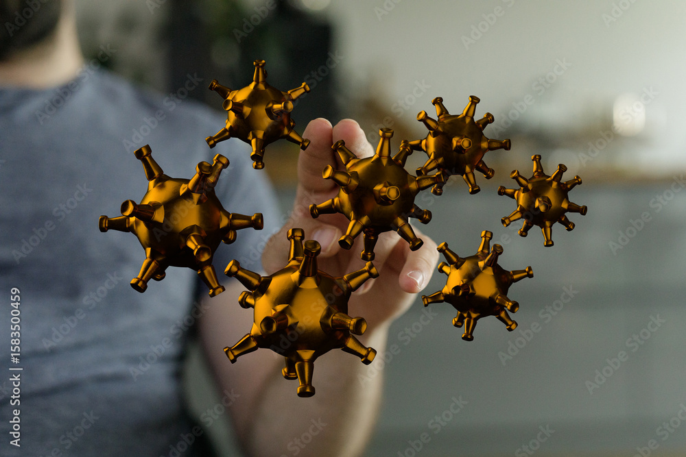 Poster abstract image of a hand interacting with 3d models of viruses. perfect for health, science, or tech