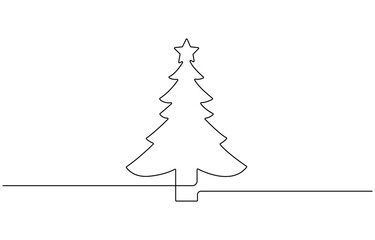Hand drawn Christmas tree outline doodle vector. Continuous one black line drawing of Merry,  tree doodle design vector, Continuous line drawing of Christmas Tree. Single line Christmas Tree icon.
