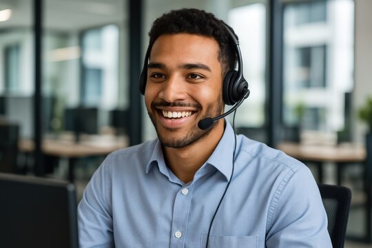 A Happy Young Male Customer Support Executive Working in an Office