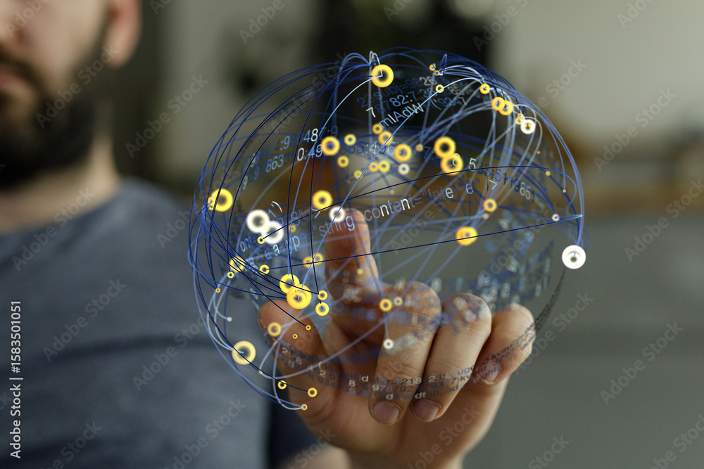 Poster abstract image of a person interacting with a digital sphere, representing global networks and data 