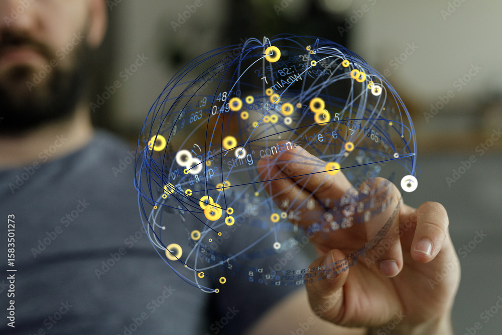 Poster close-up of a person's hand interacting with a holographic globe displaying data connections.