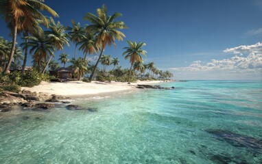 Serene tropical beach landscape with palm trees, clear water, and a small structure